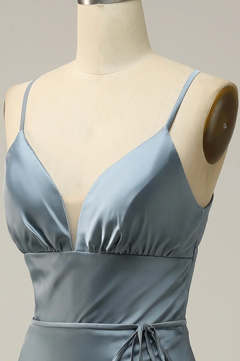 Sheath Spaghetti Straps Grey Blue Satin Bridesmaid Dress - JUORTHO
