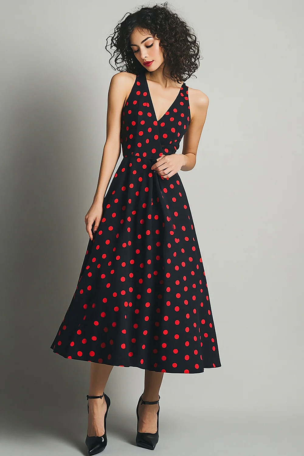 Satin V-Neck Black and Red A Line Maxi Polka Dot Dress - JUORTHO