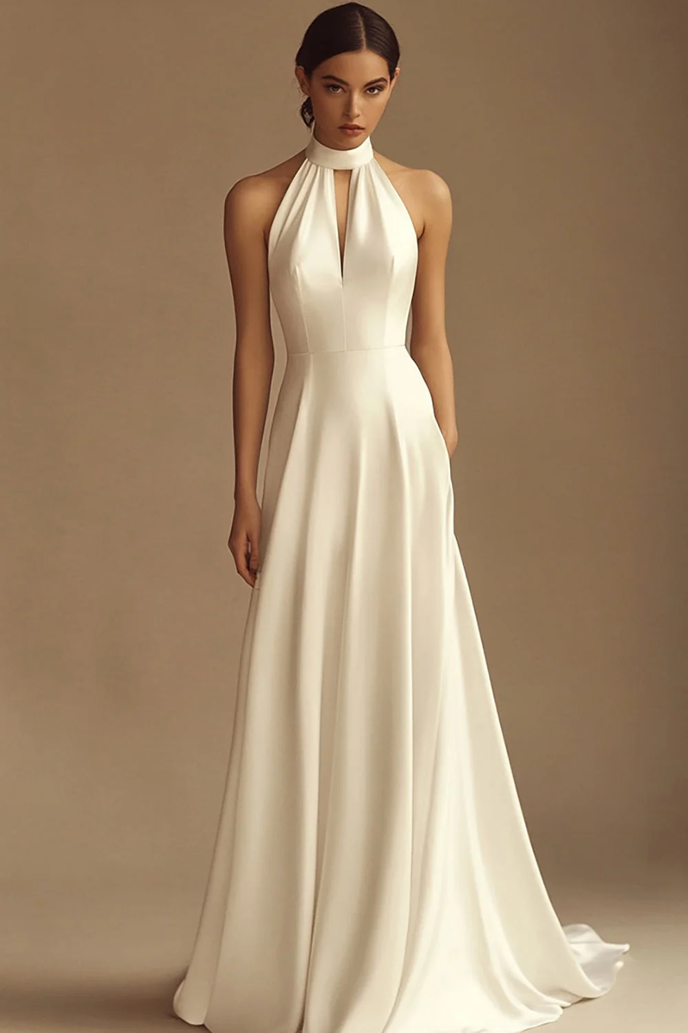 A Line White Satin Keyhole Long Rehearsal Dinner Dress - JUORTHO