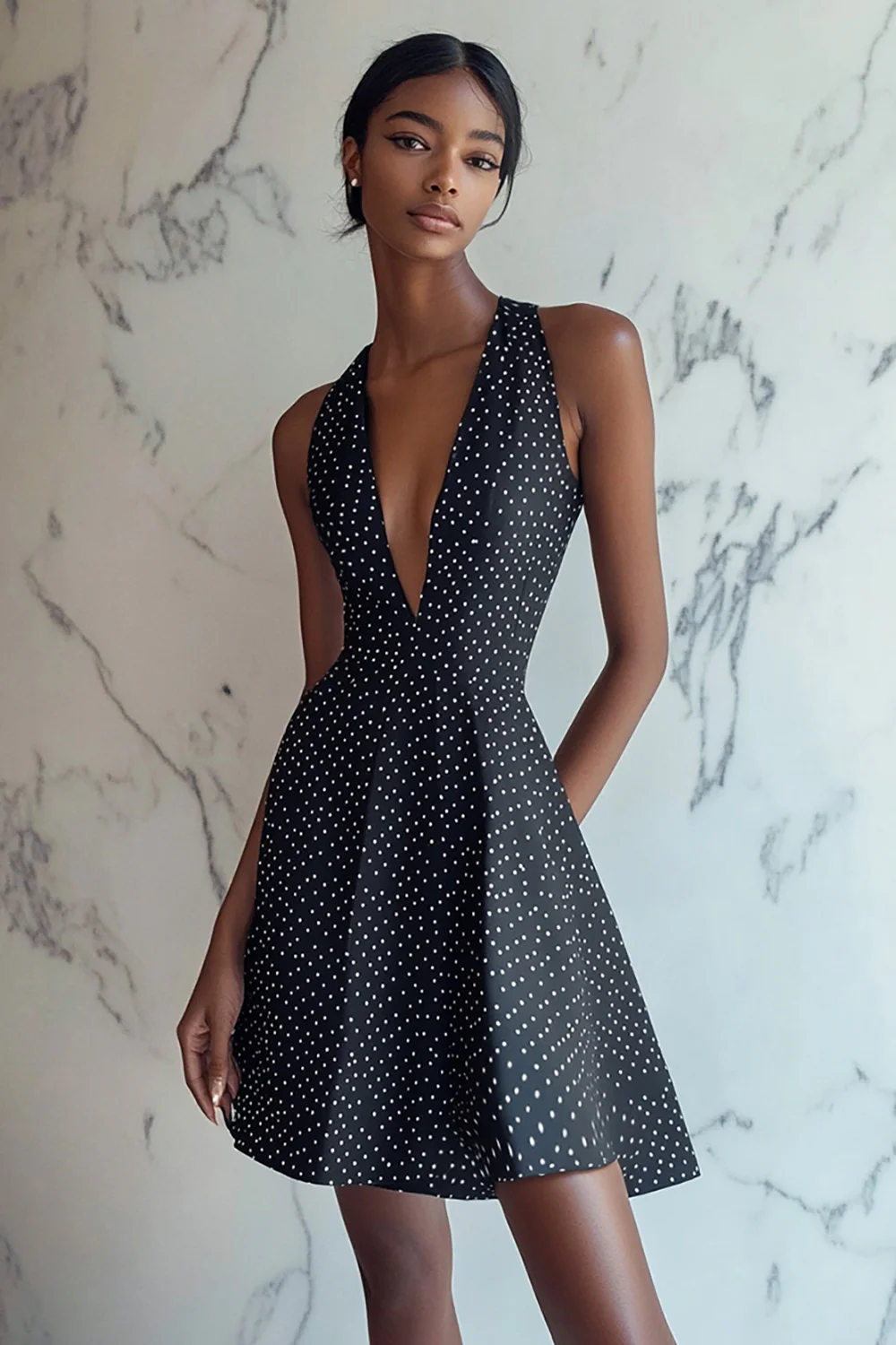 Black and White Deep V-Neck Satin Short A Line Polka Dot Dress - JUORTHO