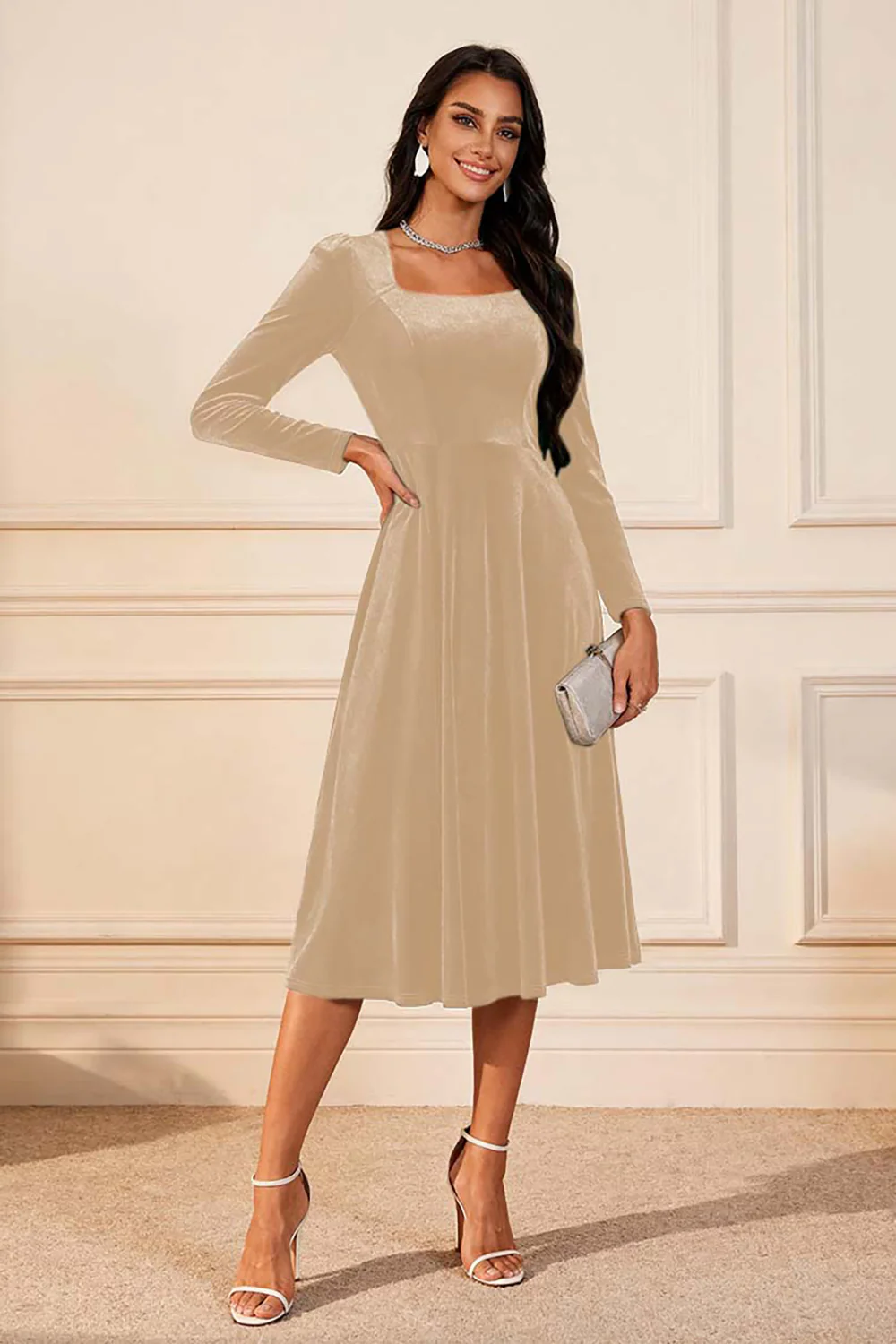 Dark Green A Line Velvet Midi Glitter Holiday Party Dress with Sleeves - JUORTHO