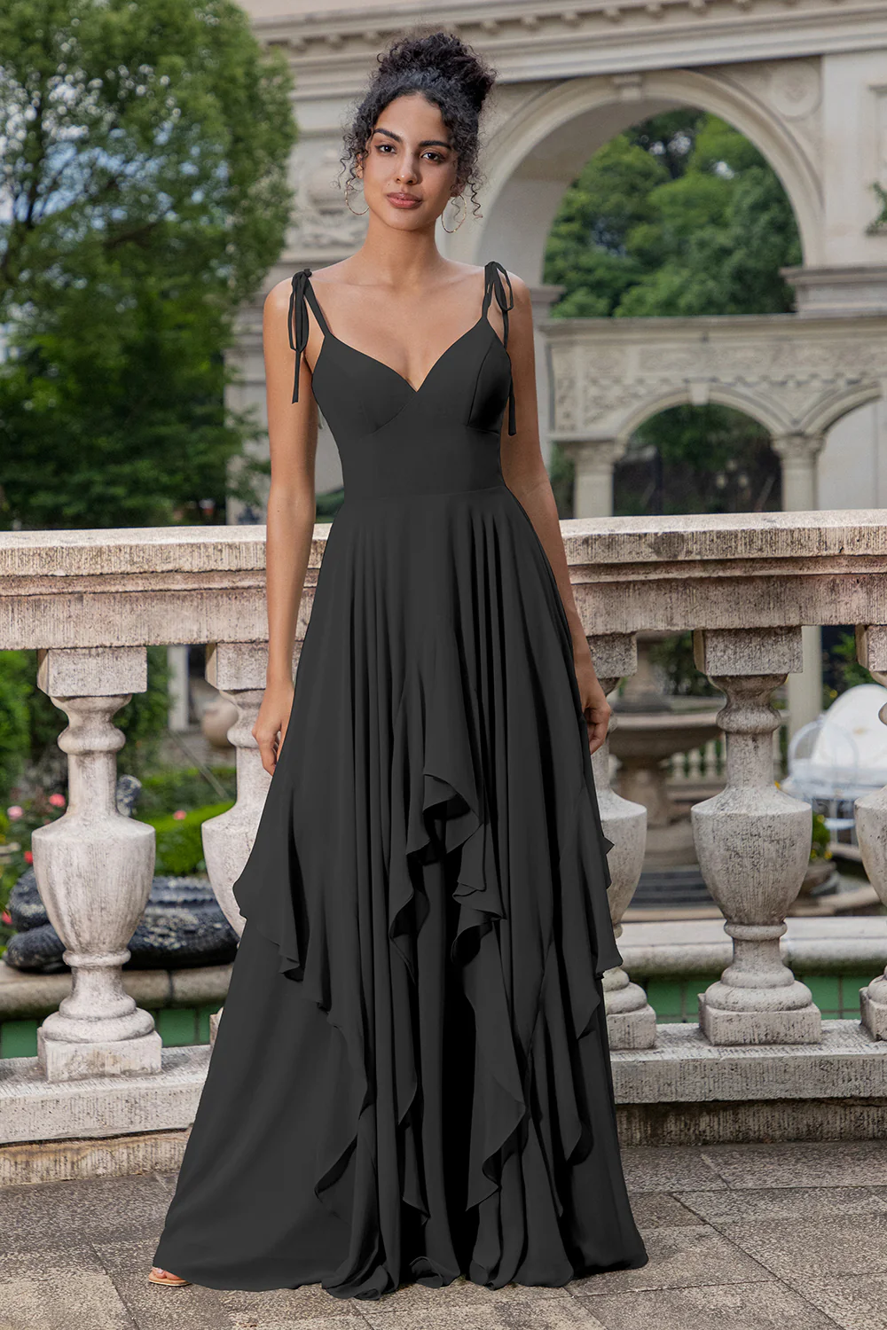 Matcha A Line Spaghetti Straps Long Bridesmaid Dress with Ruffles - JUORTHO