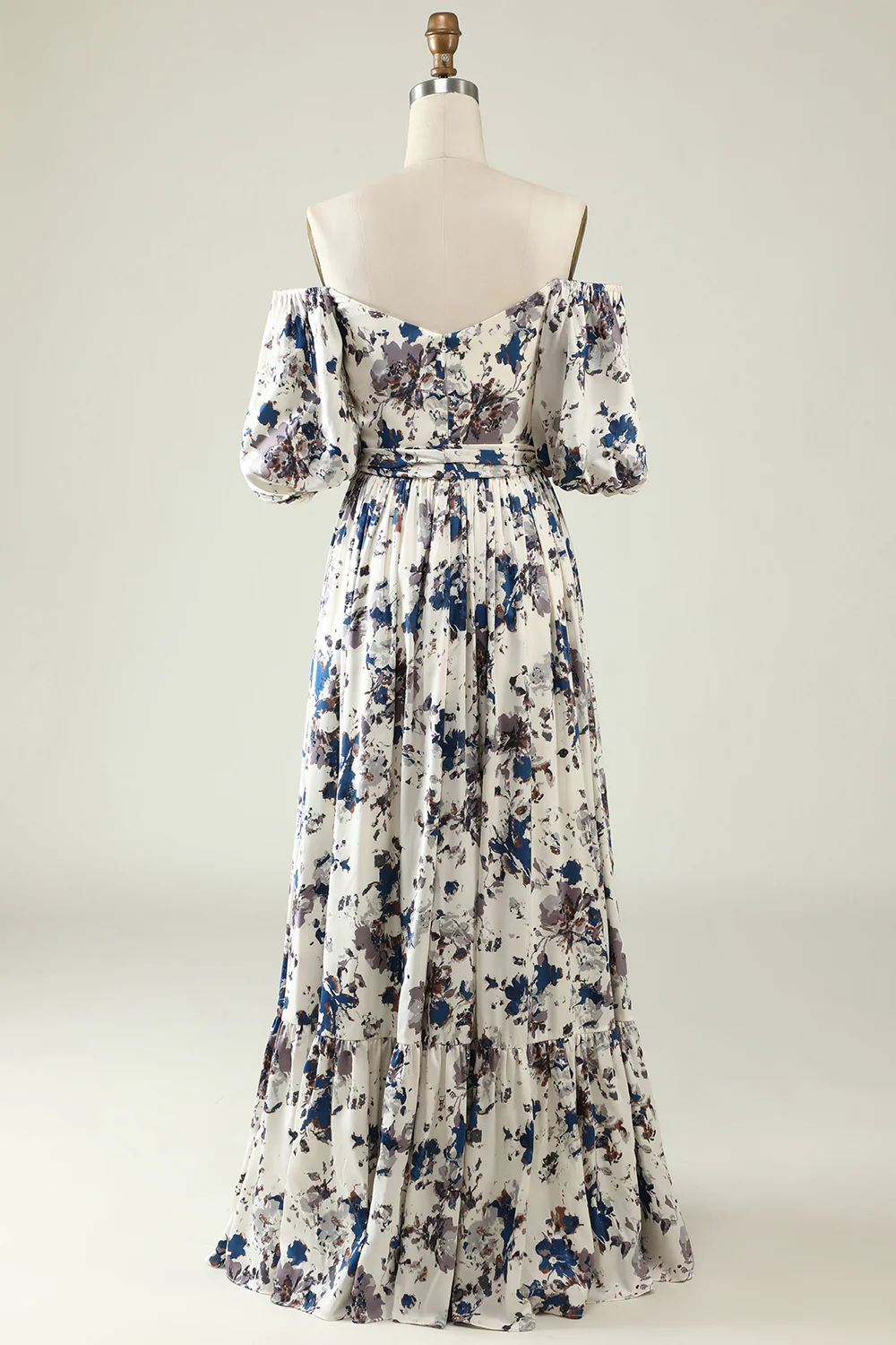 A Line Off the Shoulder White Blue Flower Long Bridesmaid Dress - JUORTHO