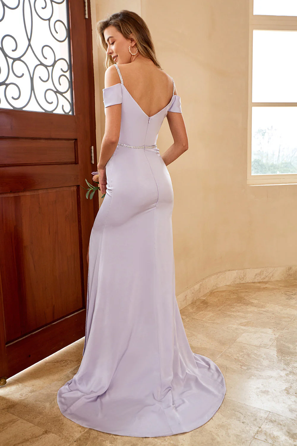 Sheath Off the Shoulder Lilac Long Bridesmaid Dress with Split Front - JUORTHO
