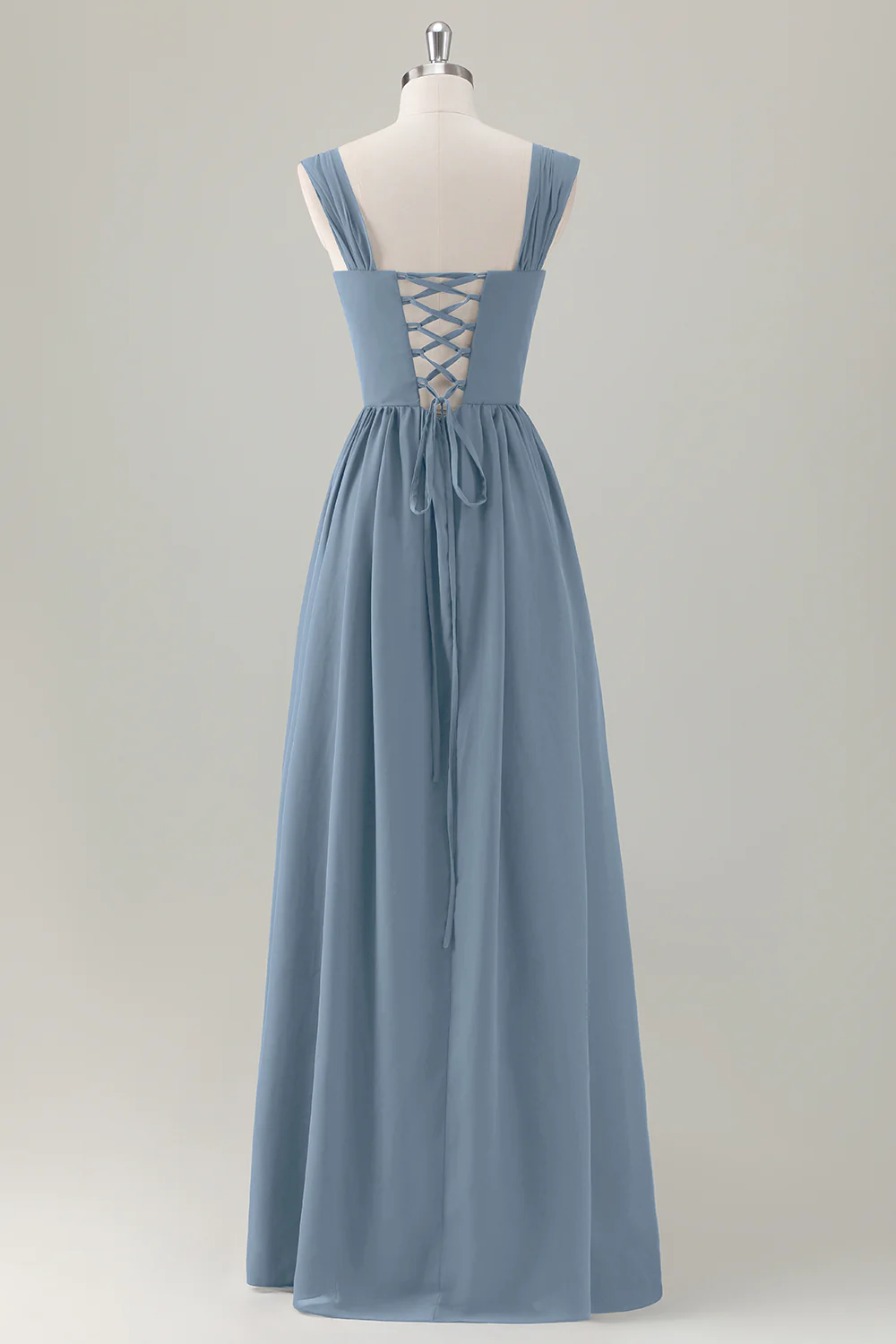 Dark Blue A-Line Square Neck Corset Long Bridesmaid Dress with Lace Up Back - JUORTHO
