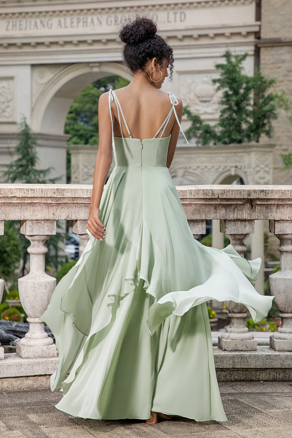 Matcha A-Line Spaghetti Straps Chiffon Bridesmaid Dress with Ruffles - JUORTHO