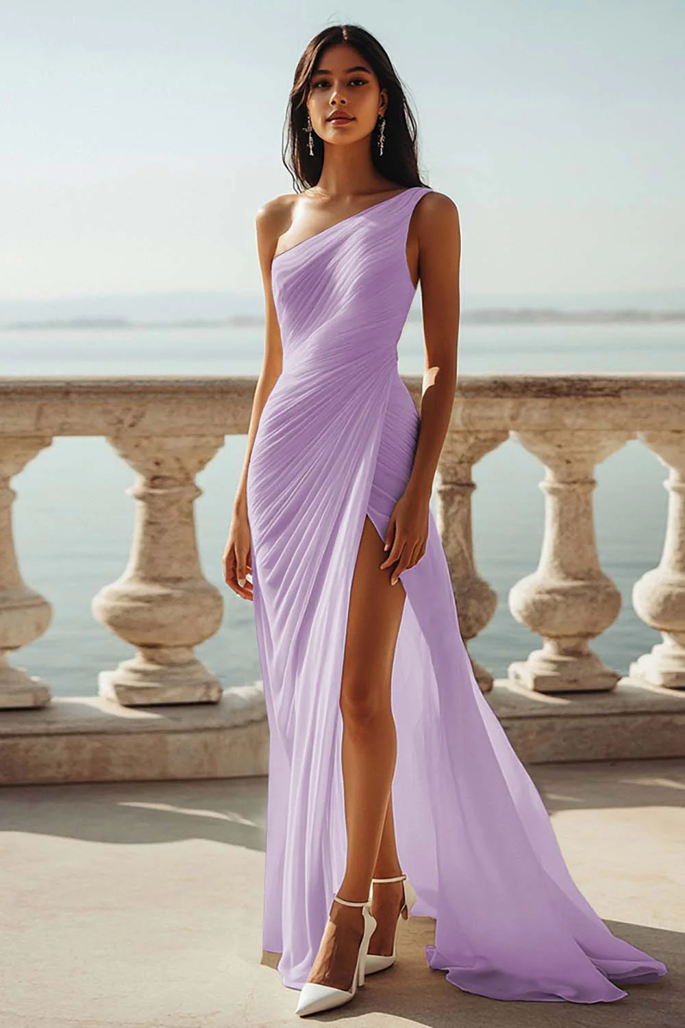 Sky Blue One Shoulder Beach Maxi Formal Dress with Slit - JUORTHO