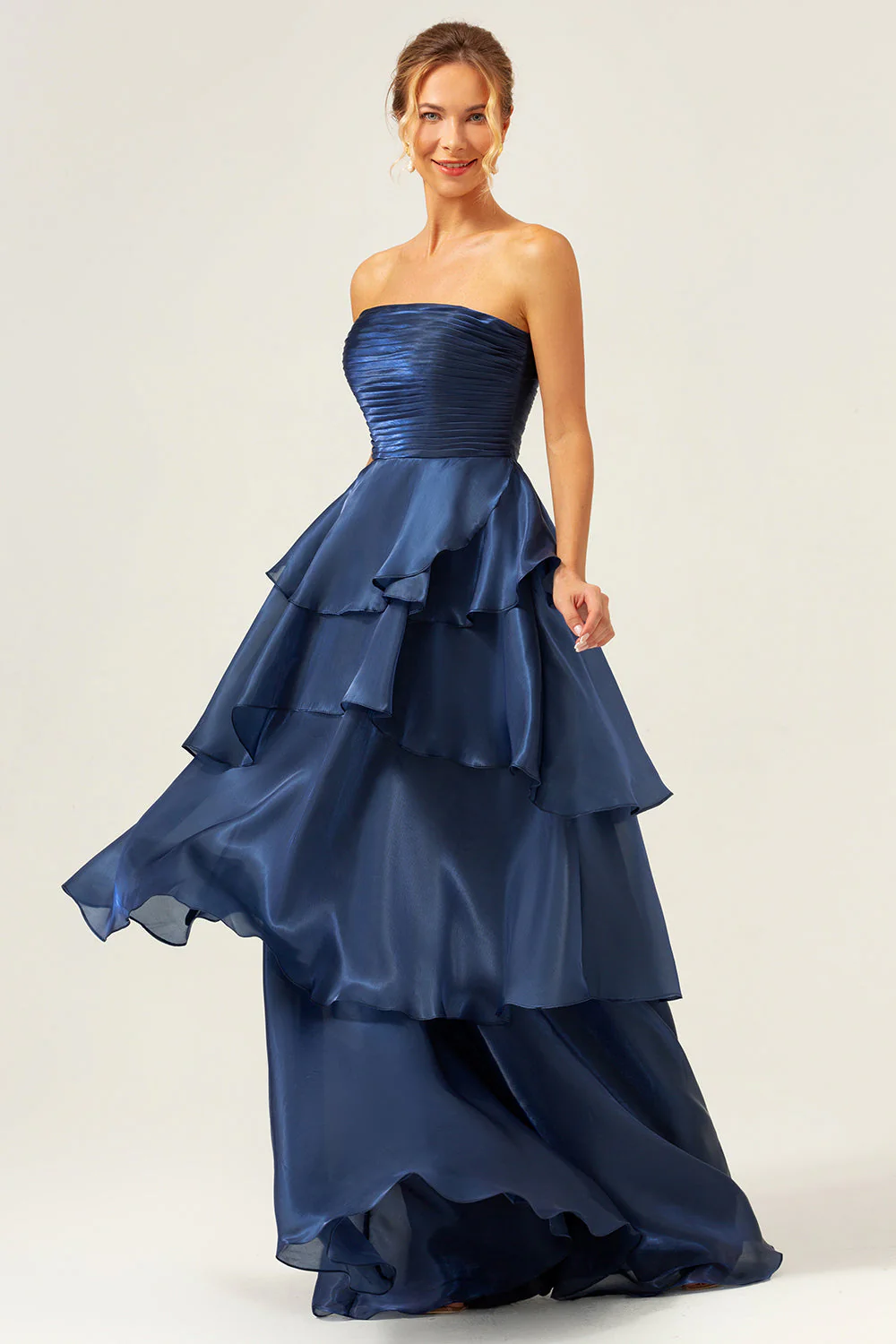 Dark Navy A Line Strapless Tiered Satin Long Bridesmaid Dress - JUORTHO