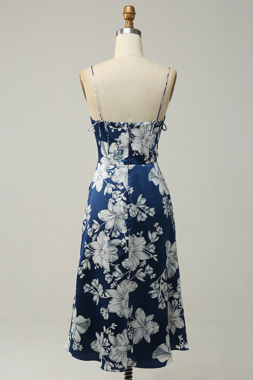 Spaghetti Straps Ink Blue Floral Bridesmaid Dress - JUORTHO