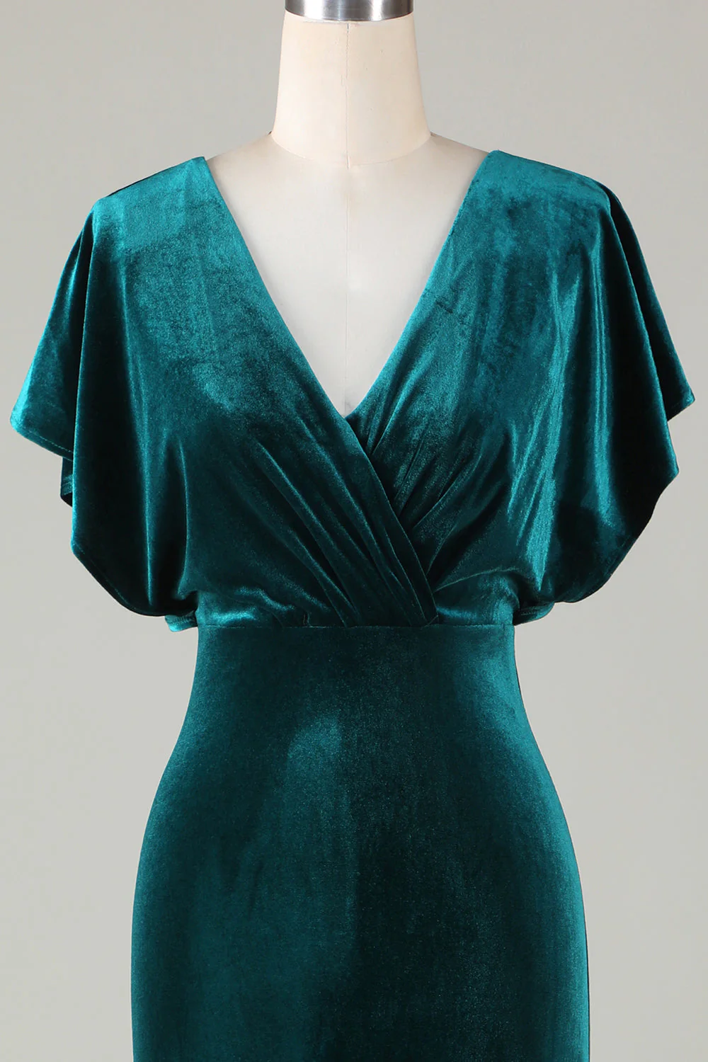 Velvet V-Neck Peacock Bridesmaid Dress with Ruffles - JUORTHO