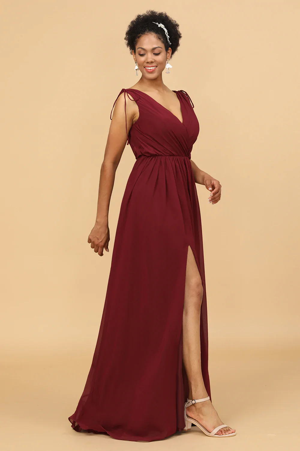 Burgundy V-Neck Lace Up Bridesmaid Dress With Slit - JUORTHO