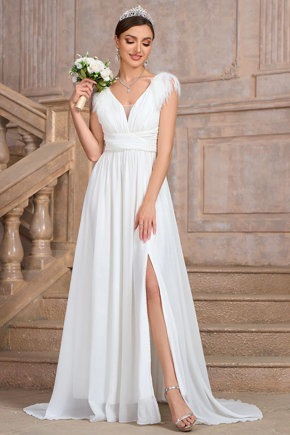 A Line White V Neck Long Party Dress With Slit - JUORTHO