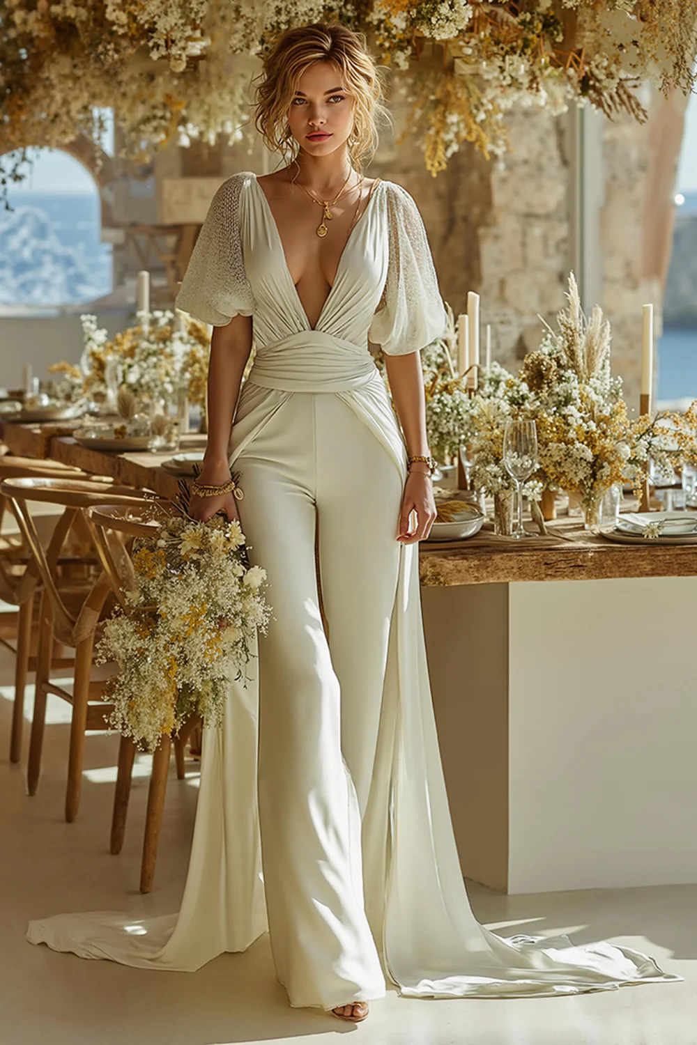 Ivory Deep V-Neck Short Sleeves Bridal Jumpsuits with Cape - JUORTHO