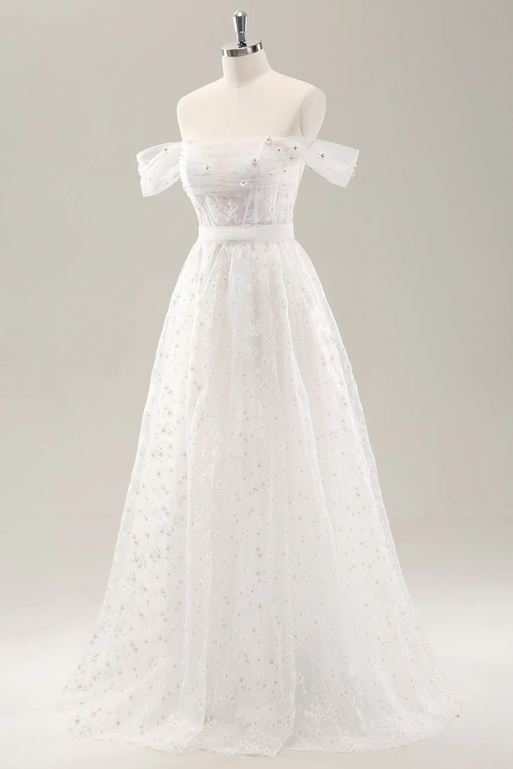 White A Line Off the Shoulder Corset Wedding Dress with Lace Up Back - JUORTHO