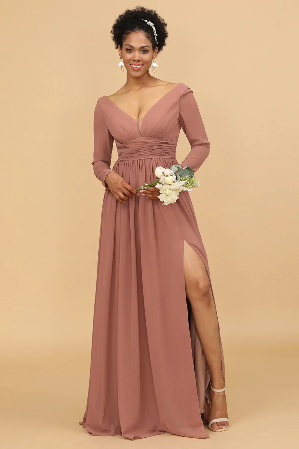 Blush V-Neck Long Sleeves Bridesmaid Dress - JUORTHO