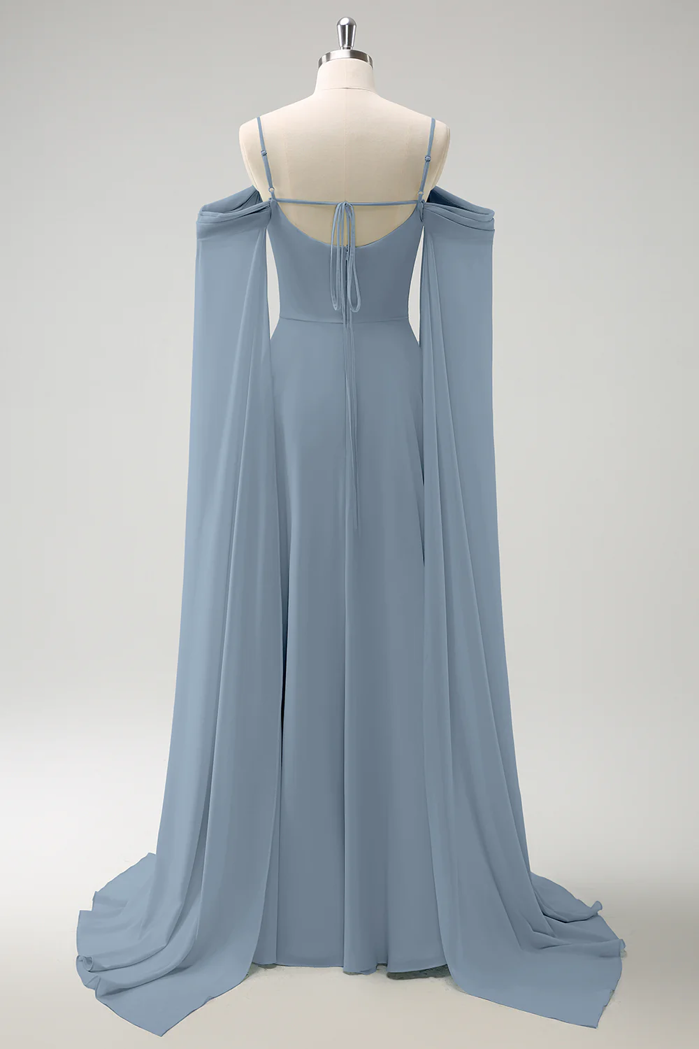 Dusty Blue Cold Shoulder A-Line Long Bridesmaid Dress with Detachable Sleeves - JUORTHO