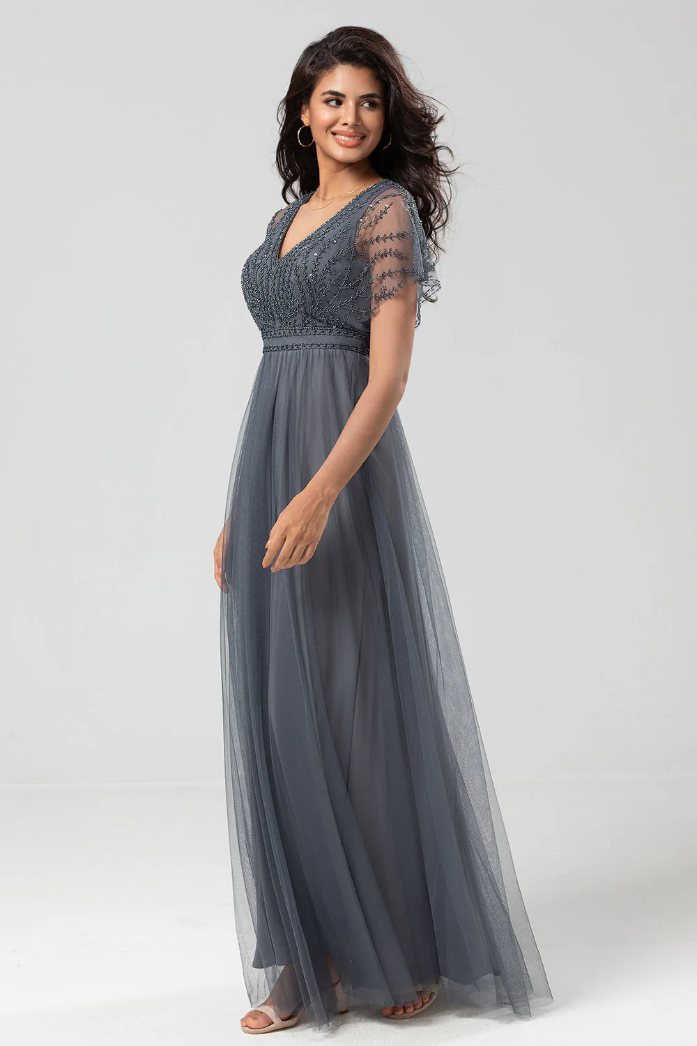 Epitome of Romance A-Line V Neck Eucalyptus Long Bridesmaid Dress with Beading - JUORTHO