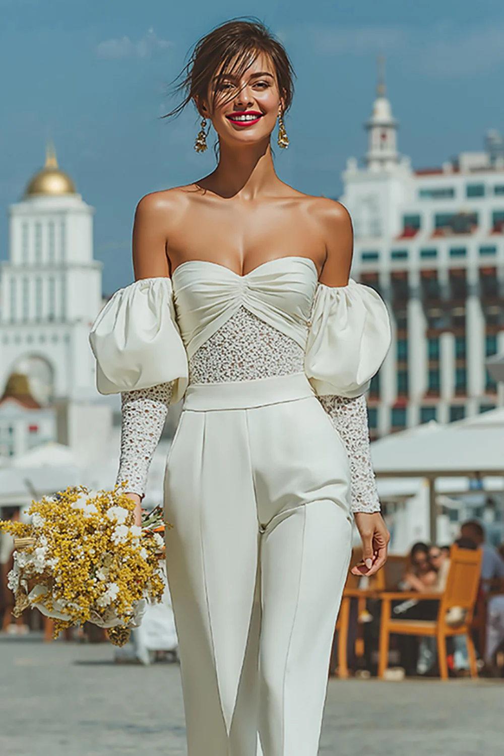 White Sweetheart Puff Sleeves Bridal Jumpsuits with Lace - JUORTHO
