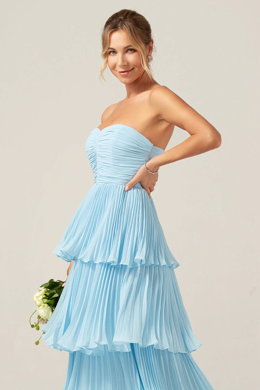 A-Line Sweetheart Tiered Chiffon Long Lilac Bridesmaid Dress with Pleated - JUORTHO