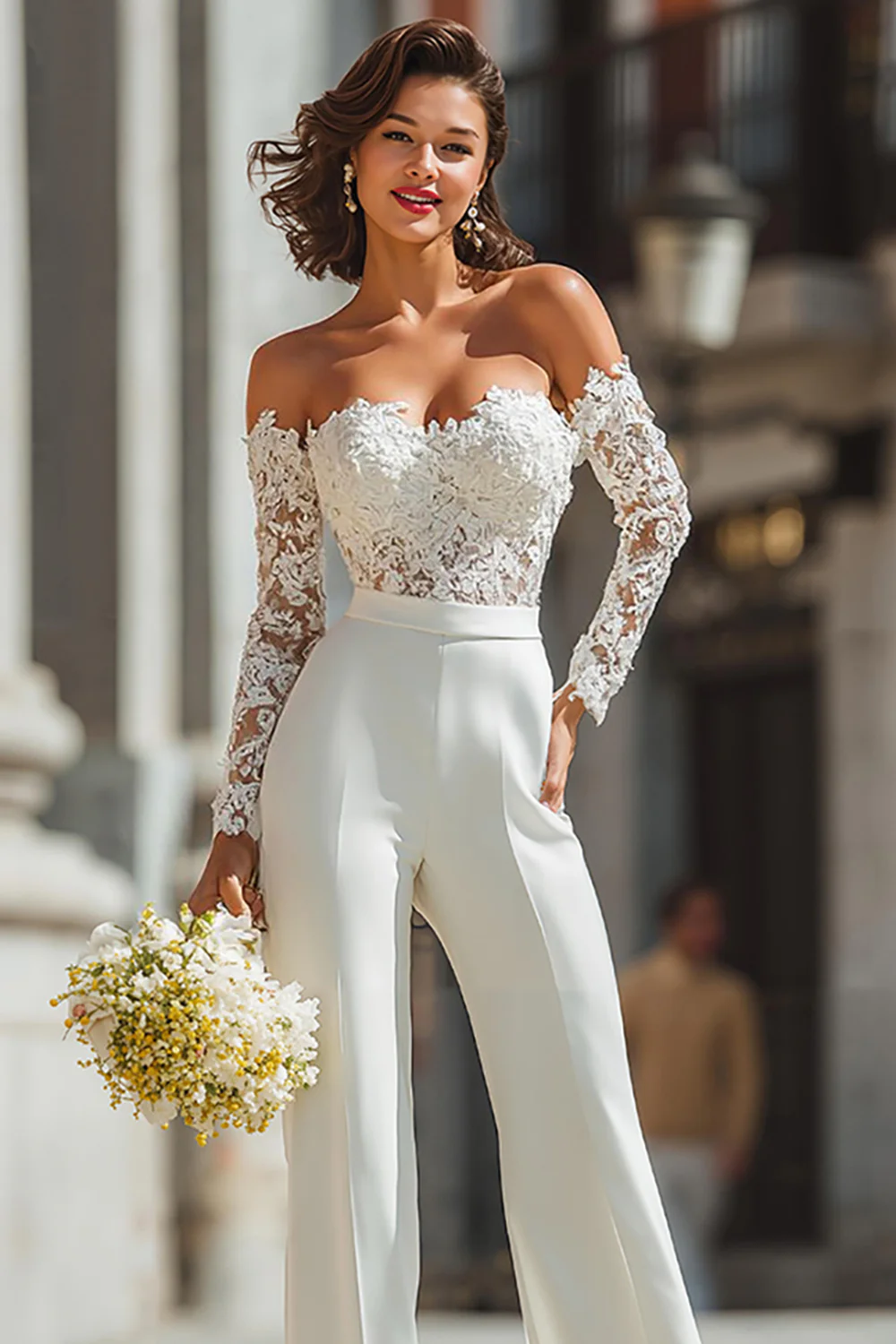 White Appliqued Sweetheart Bridal Jumpsuits with Sleeves - JUORTHO