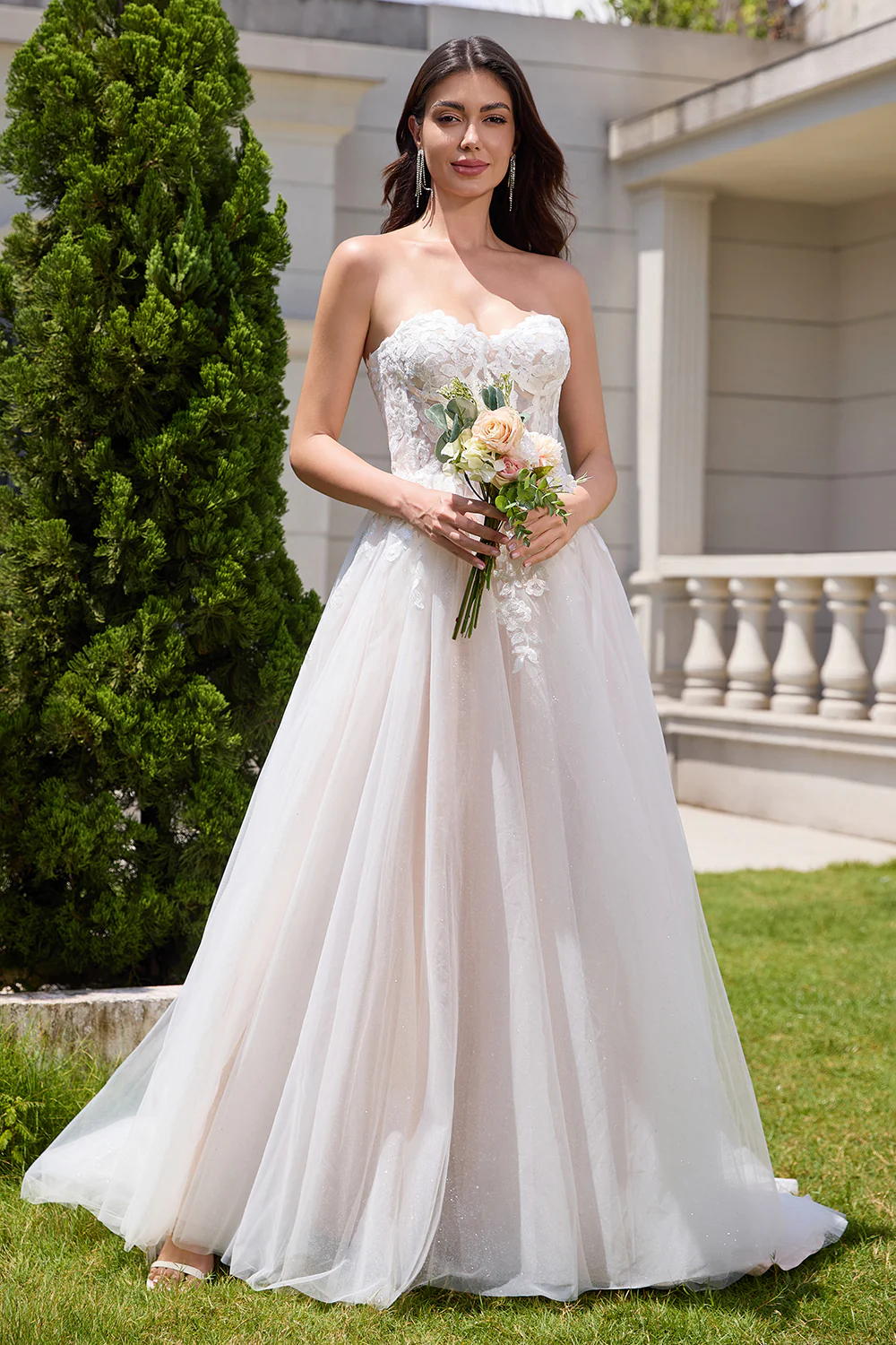 White A Line Strapless Sparkly Wedding Dress with Applique Lace - JUORTHO