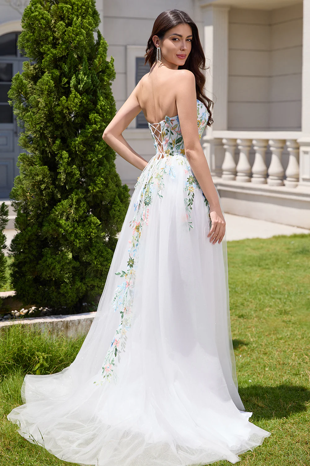 White A Line Strapless Tulle Slit Wedding Dress with 3D Flowers - JUORTHO