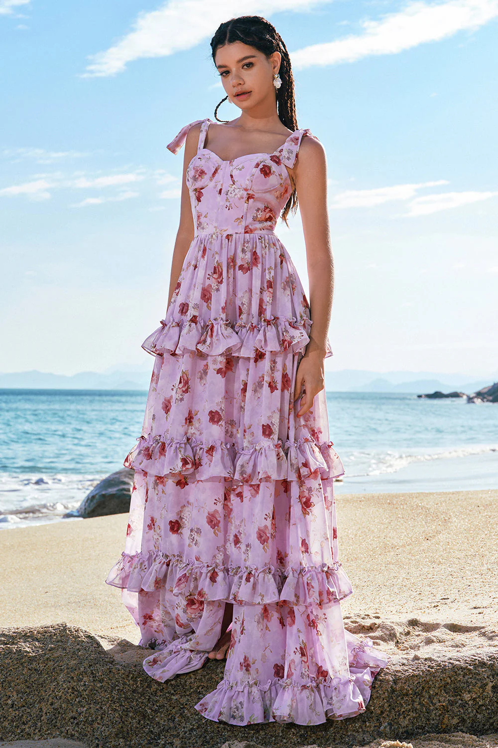 Grey Purple A-Line Tiered Print Floral Bridesmaid Dress with Ruffle Slit - JUORTHO