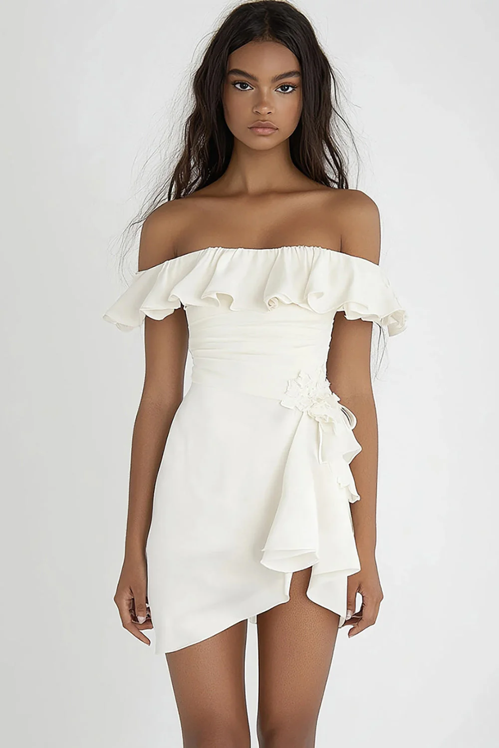 Ivory Bodycon Off The Shoulder Short Graduation Dress with Ruffles - JUORTHO