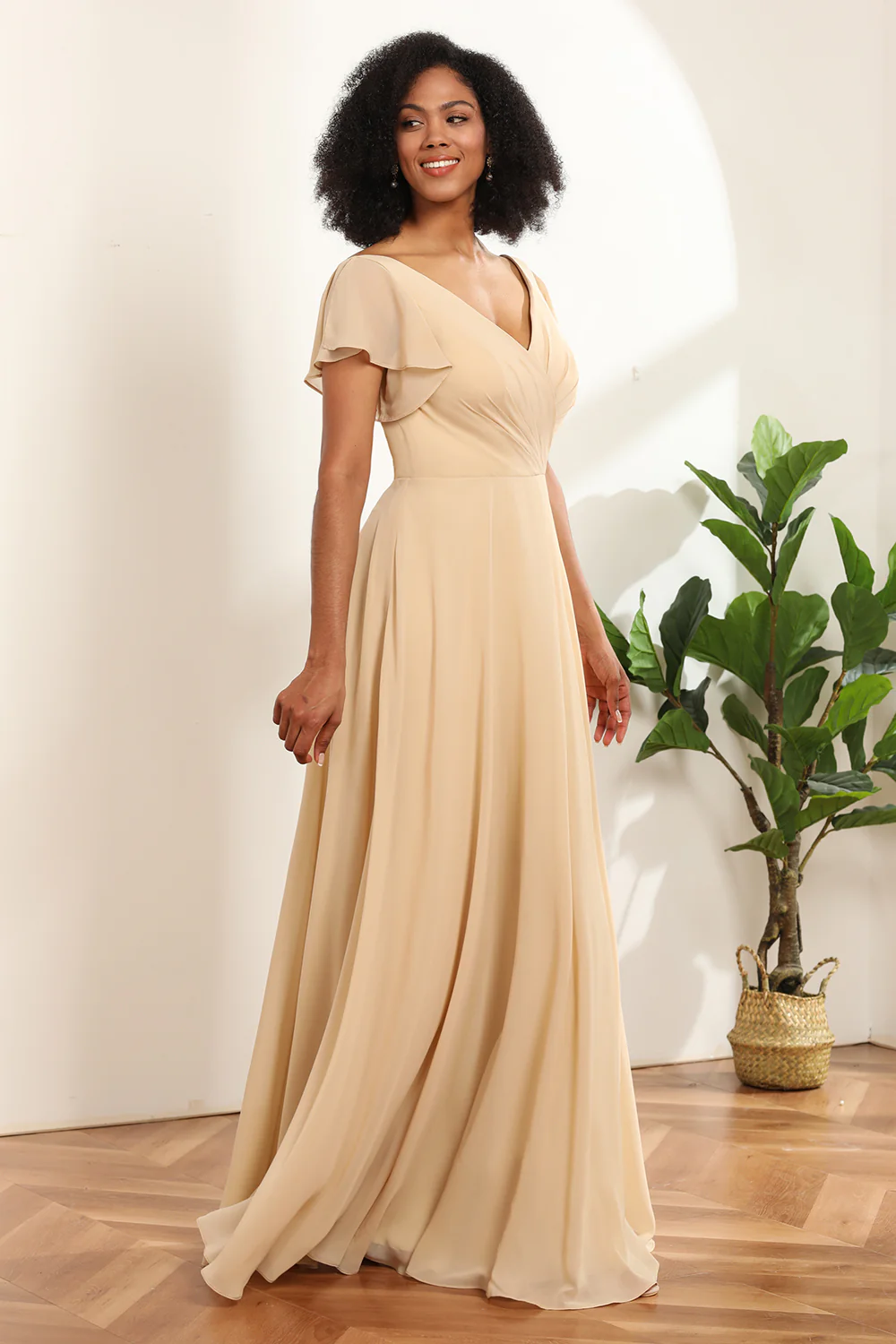 A-Line Champagne Chiffon Bridesmaid Dress - JUORTHO