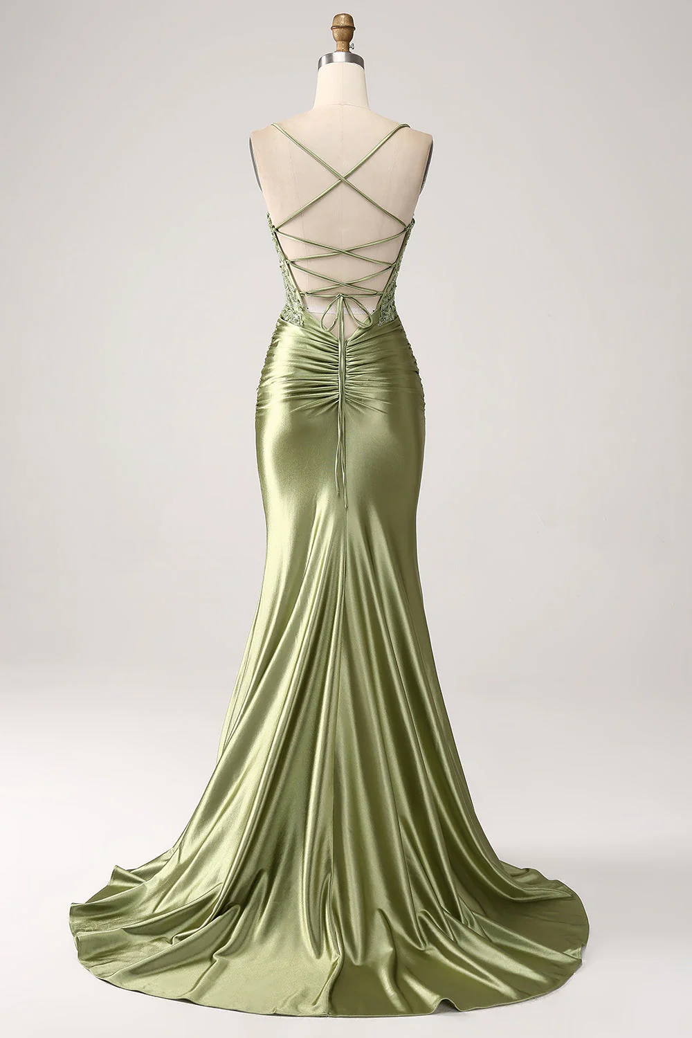 Mermaid Sage Spaghetti Straps Lace-up Back Prom Dress With Slit - JUORTHO