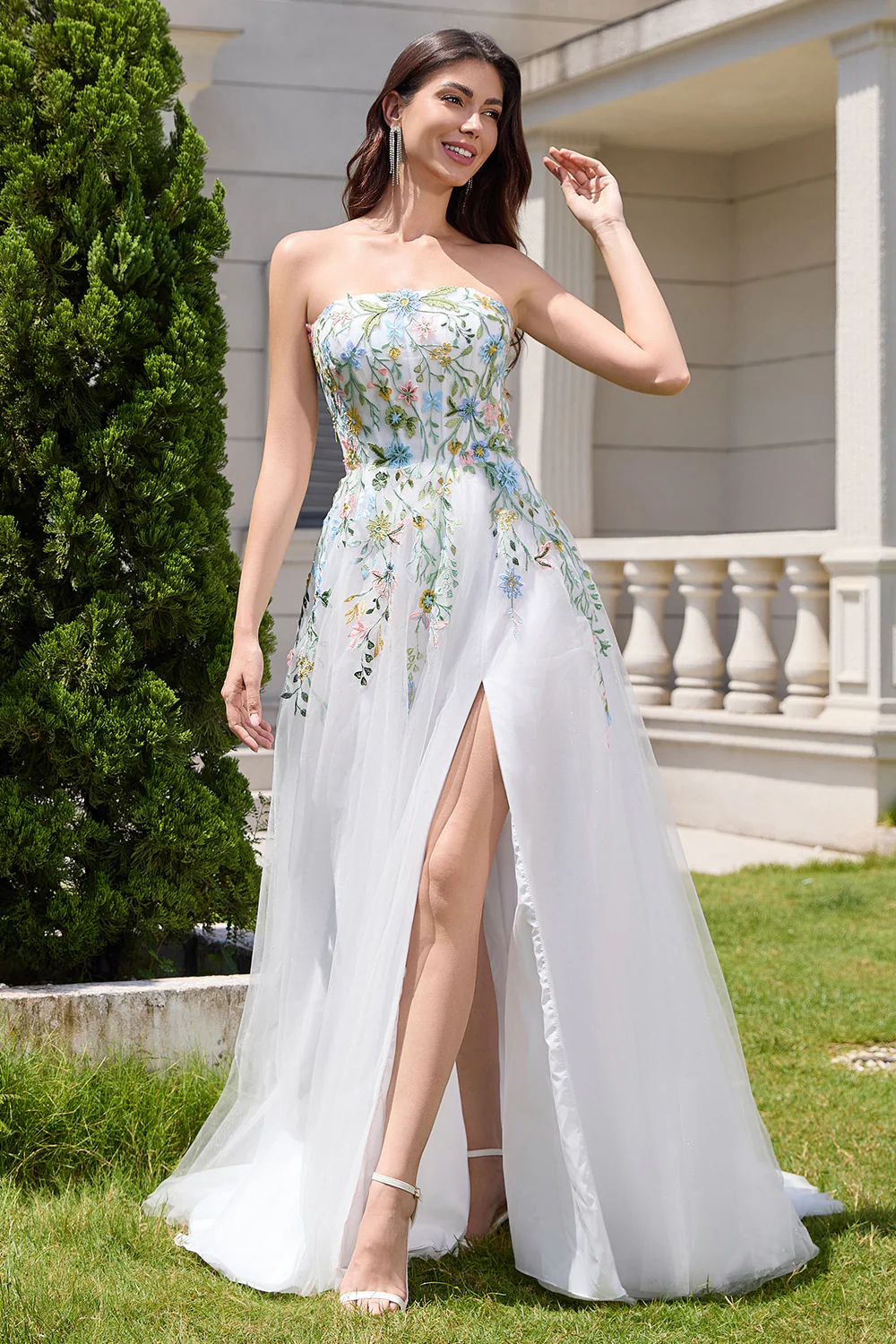 White A Line Strapless Tulle Slit Wedding Dress with 3D Flowers - JUORTHO