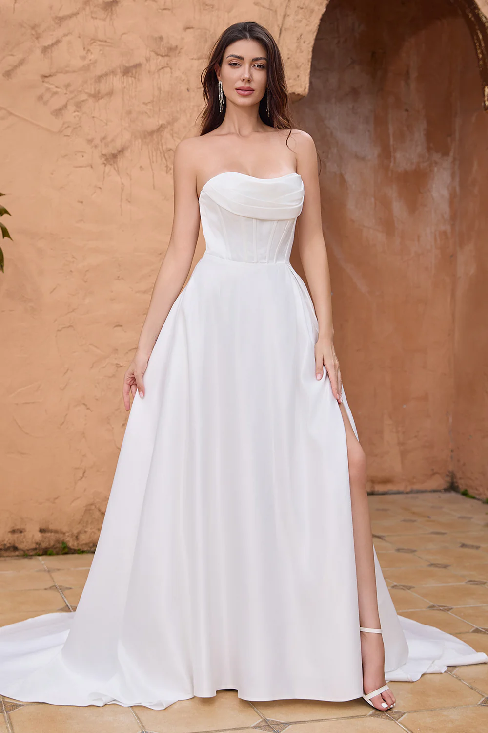 Elegant White A Line Strapless Pleated Corset Wedding Dress With Slit - JUORTHO