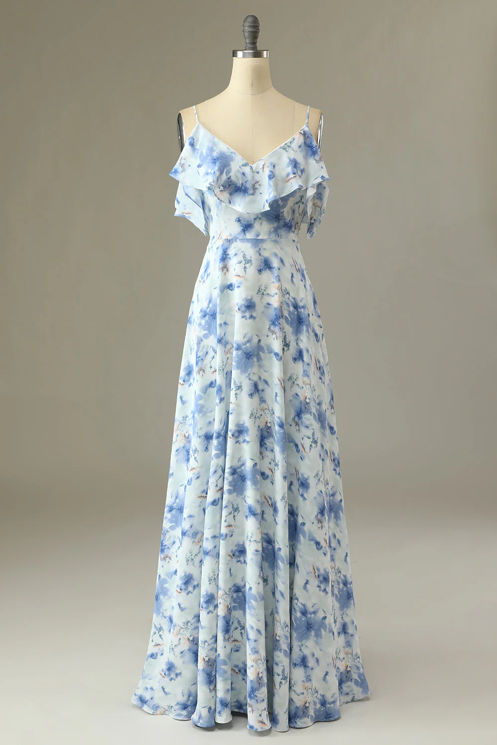 A Line Off the Shoulder Blue Floral Print Long Bridesmaid Dress - JUORTHO