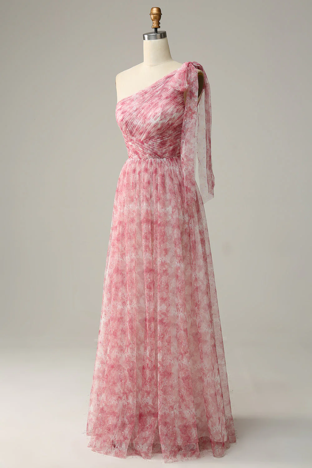 Red A Line One Shoulder Print Long Tulle Bridesmaid Dress - JUORTHO