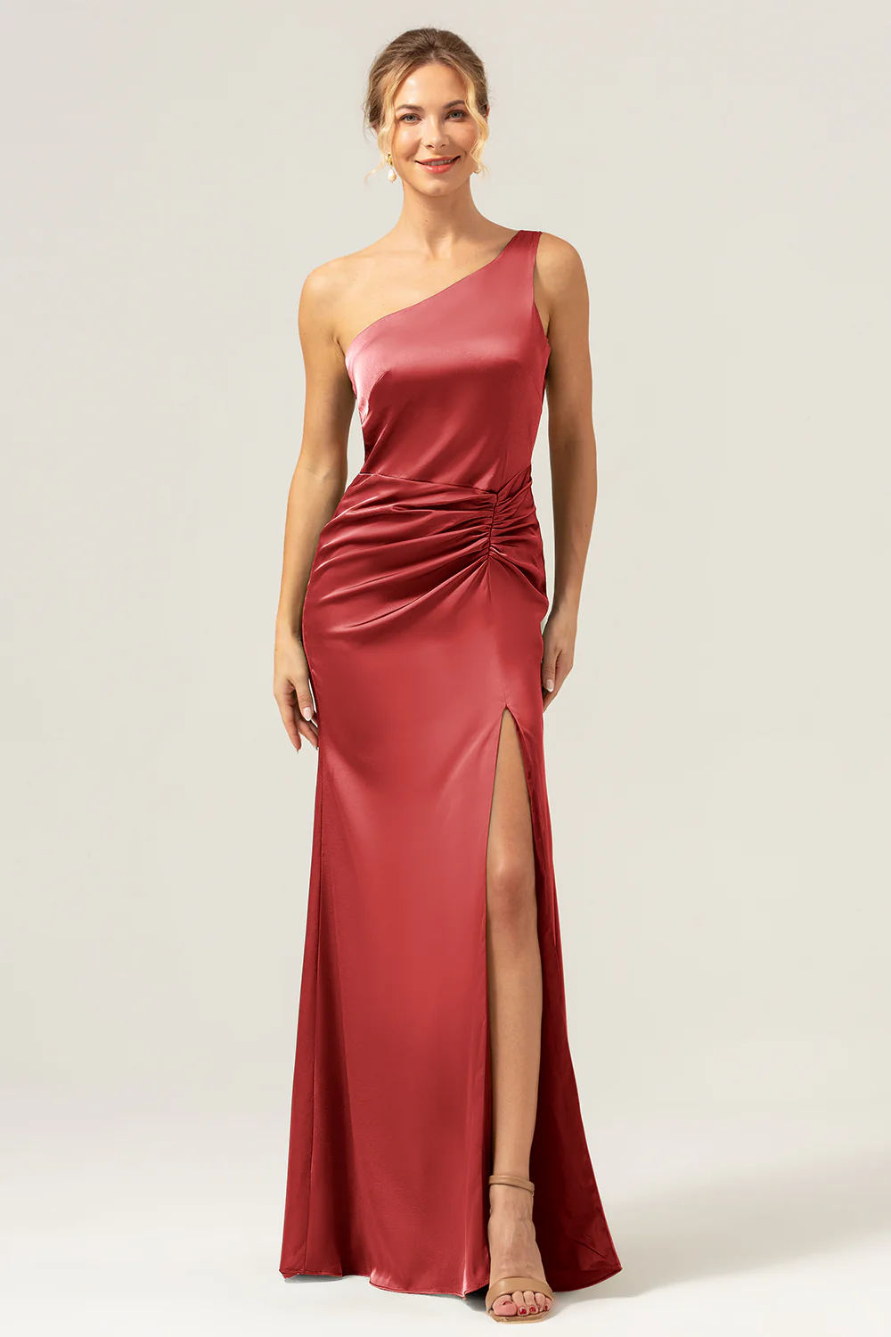 Olive One Shoulder Mermaid Satin Long Bridesmaid Dress with Slit - JUORTHO