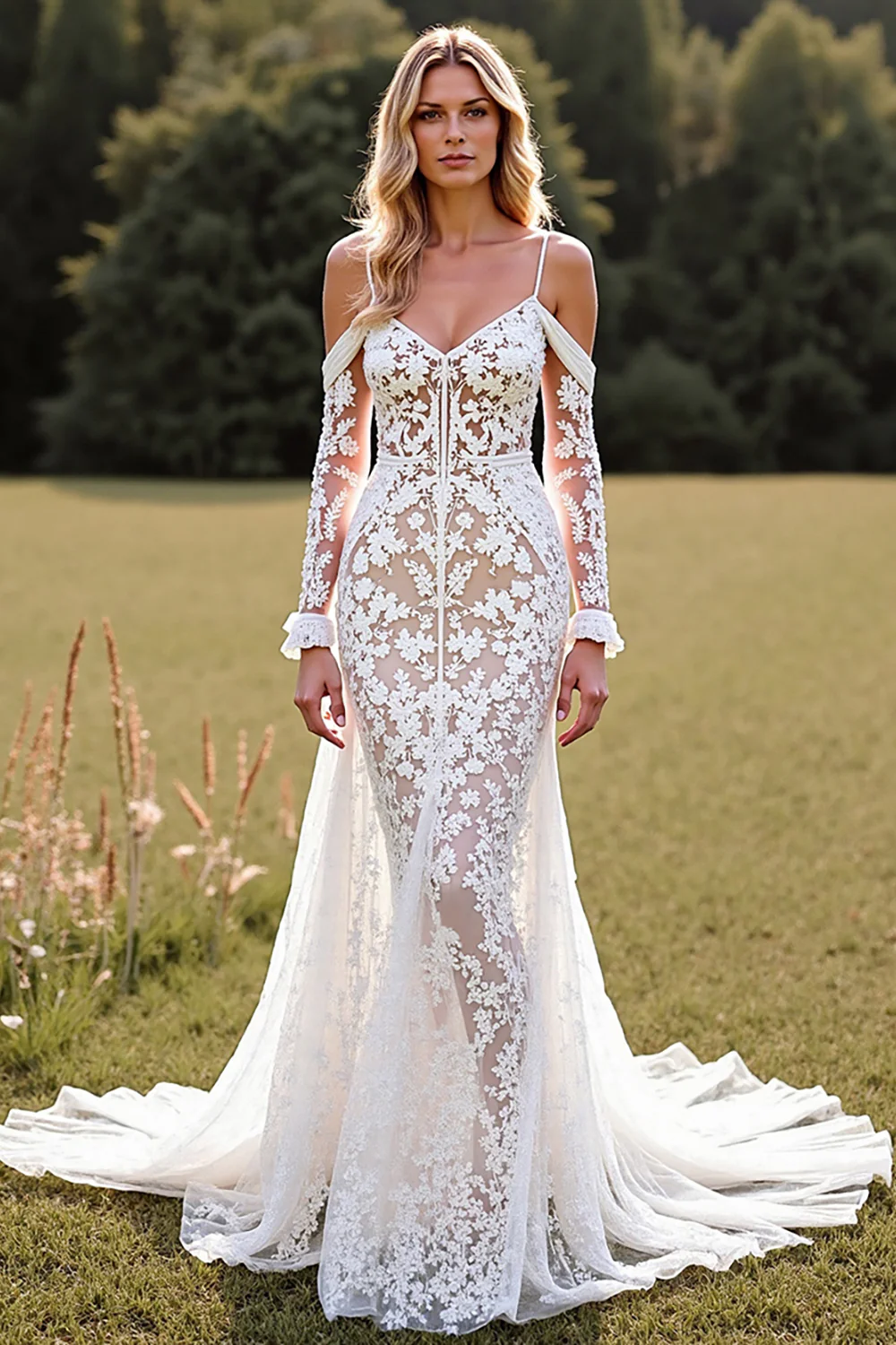 Lace White Mermaid Boho Sweep Train Western Wedding Dress with Sleeves - JUORTHO