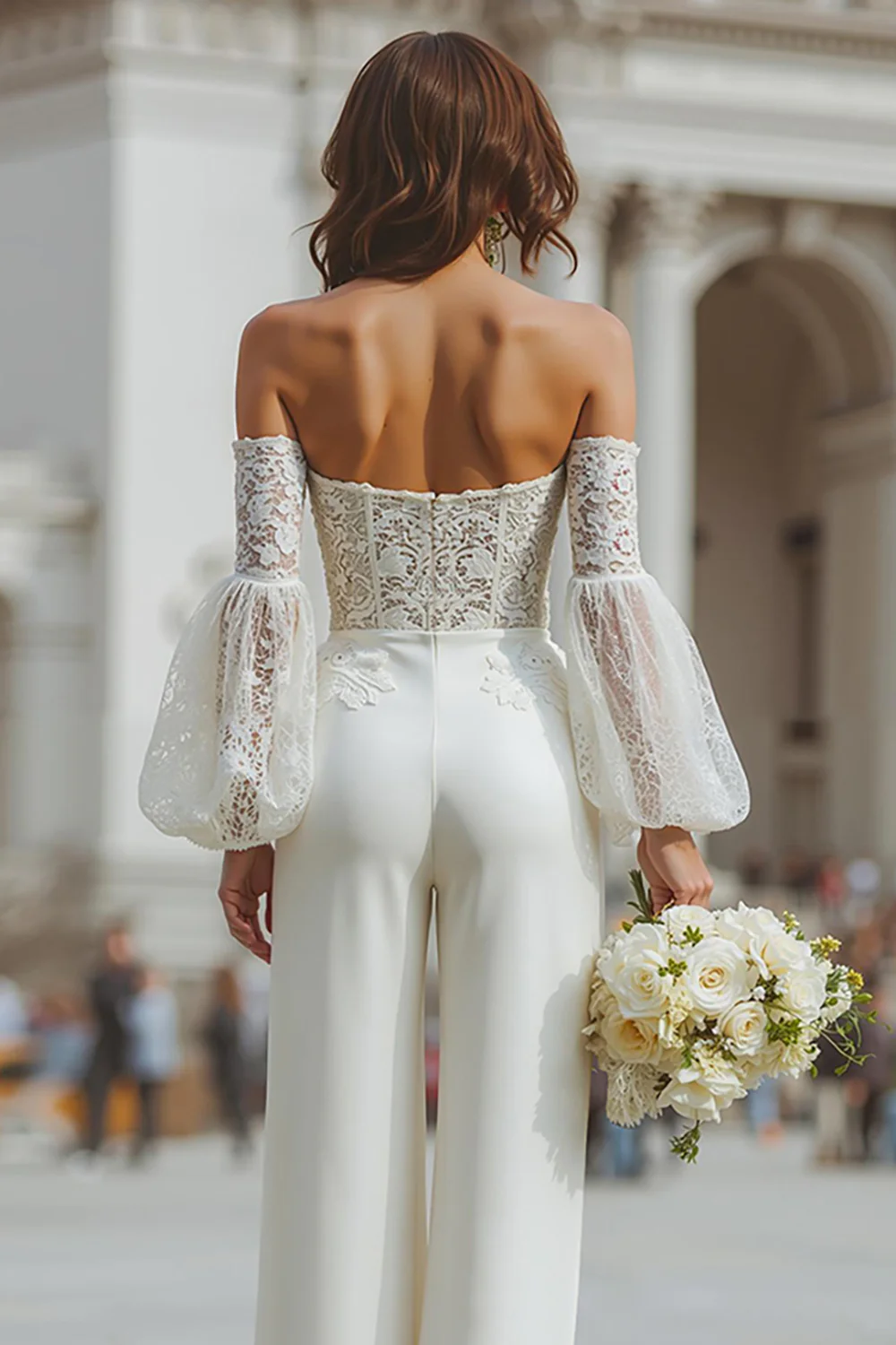 White Appliqued Long Sleeves Bridal Jumpsuits with Pockets - JUORTHO