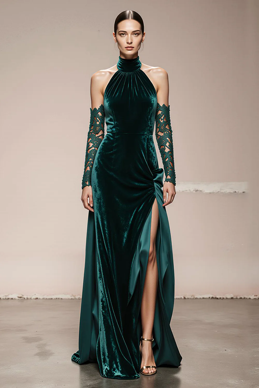 Dark Green Velvet Halter Long Holiday Party Dress with Slit - JUORTHO