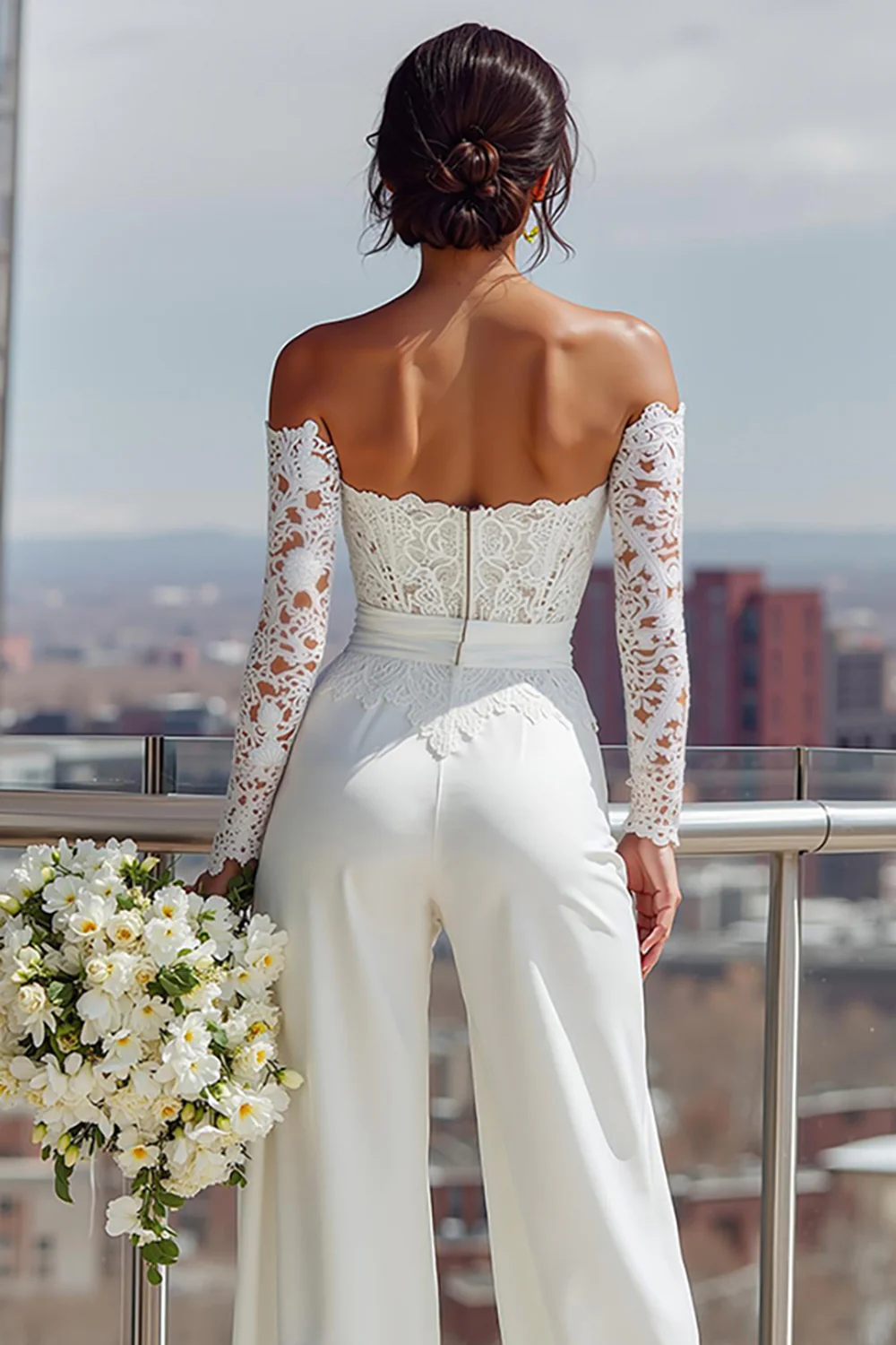 White Satin Sweetheart Bridal Jumpsuits with Lace - JUORTHO