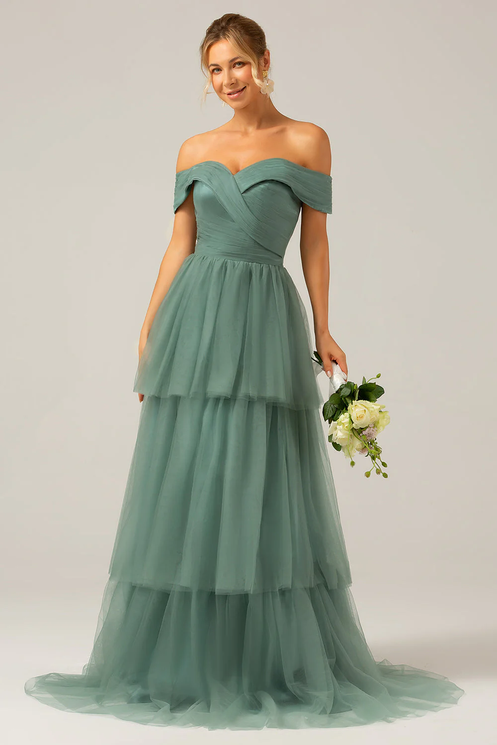 Grey Green Tulle A Line Off the Shoulder Tiered Bridesmaid Dress - JUORTHO