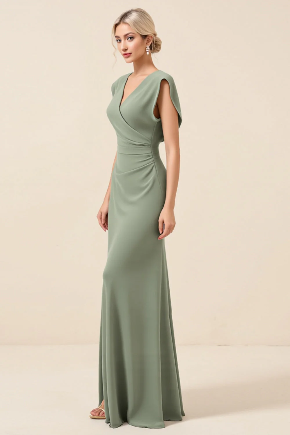 Chiffon Eucalyptus Sheath V-Neck Long Bridesmaid Dress with Slit - JUORTHO