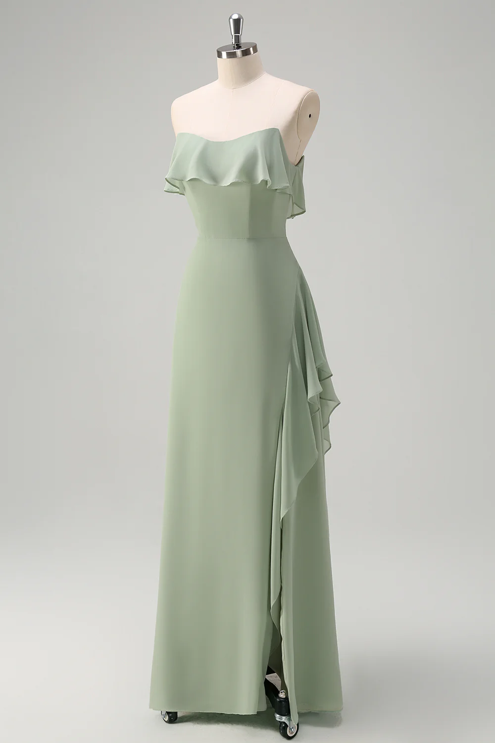Light Green Off The Shoulder Chiffon Long Bridesmaid Dress - JUORTHO