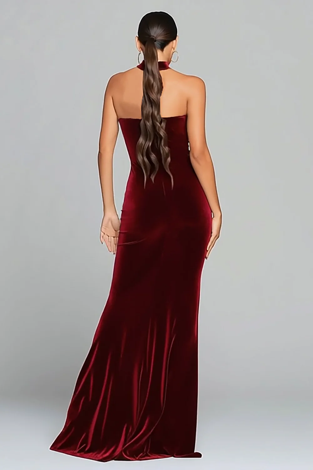 Burgundy Velvet Mermaid Halter Keyhole Long Holiday Party Dress with Slit - JUORTHO
