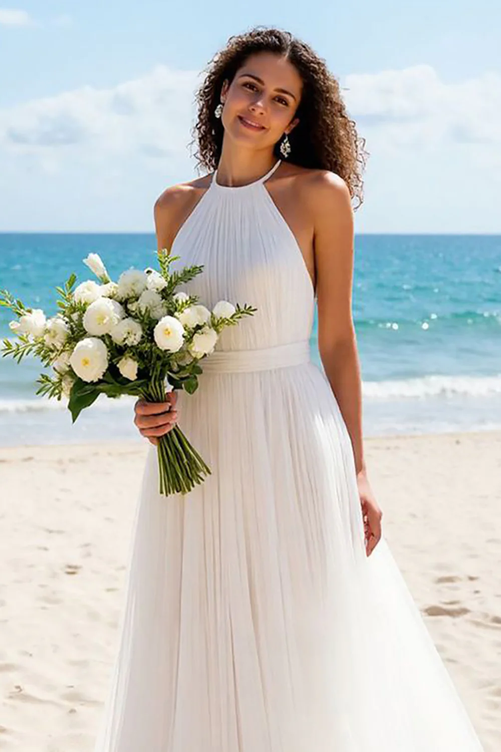 Ivory A Line Tulle Halter Backless Sweep Train Wedding Dress - JUORTHO