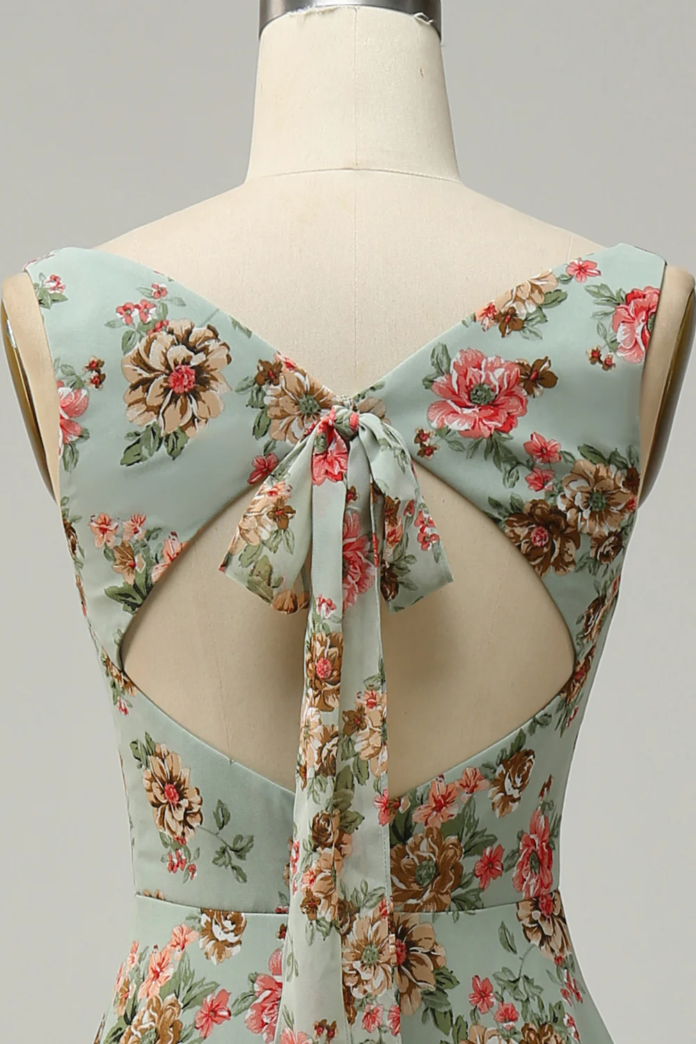 A Line Square Neck Green Floral Long Bridesmaid Dress with Open Back - JUORTHO