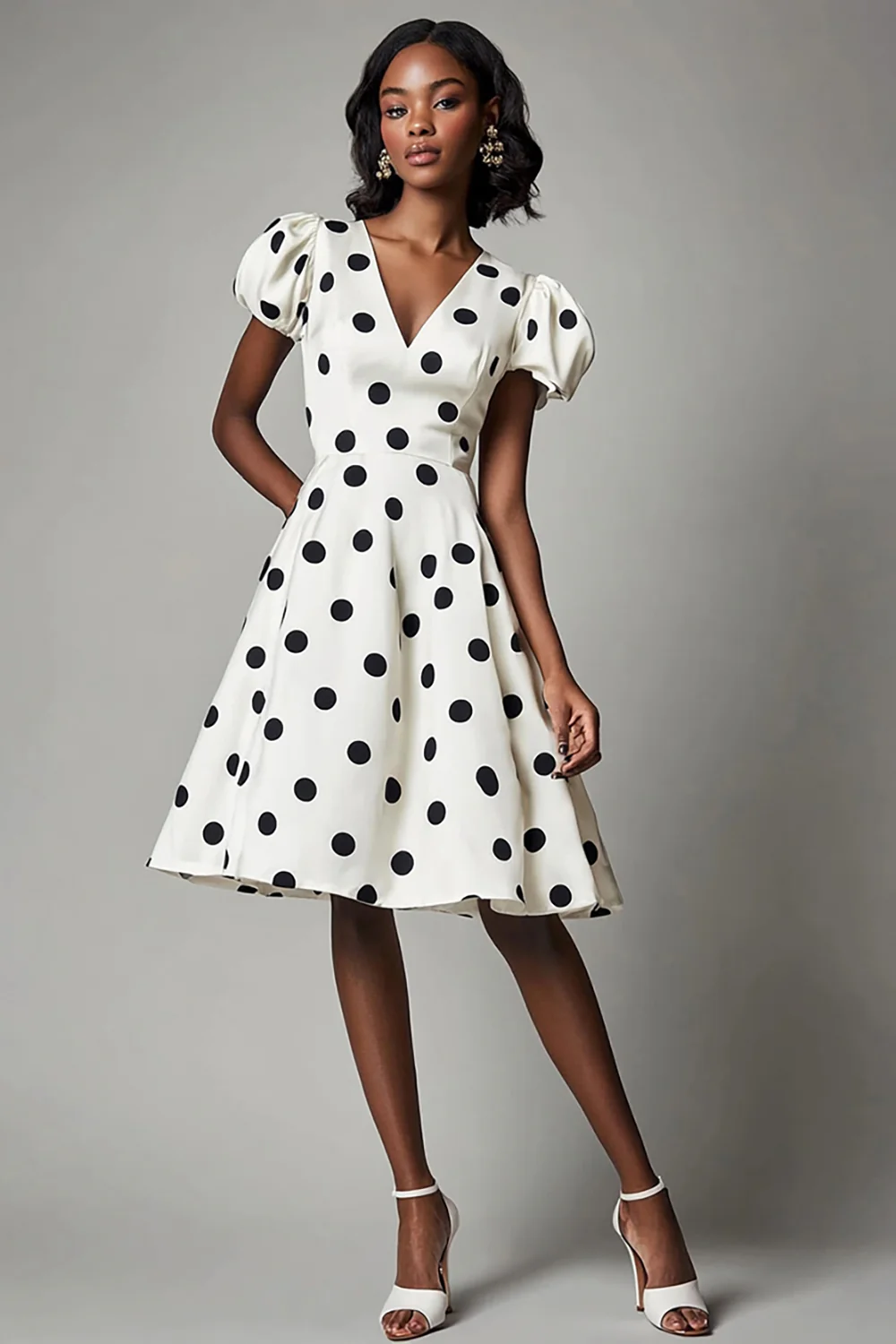 V-Neck Puff Sleeves Black and White Boho Short Satin Polka Dot Dress - JUORTHO