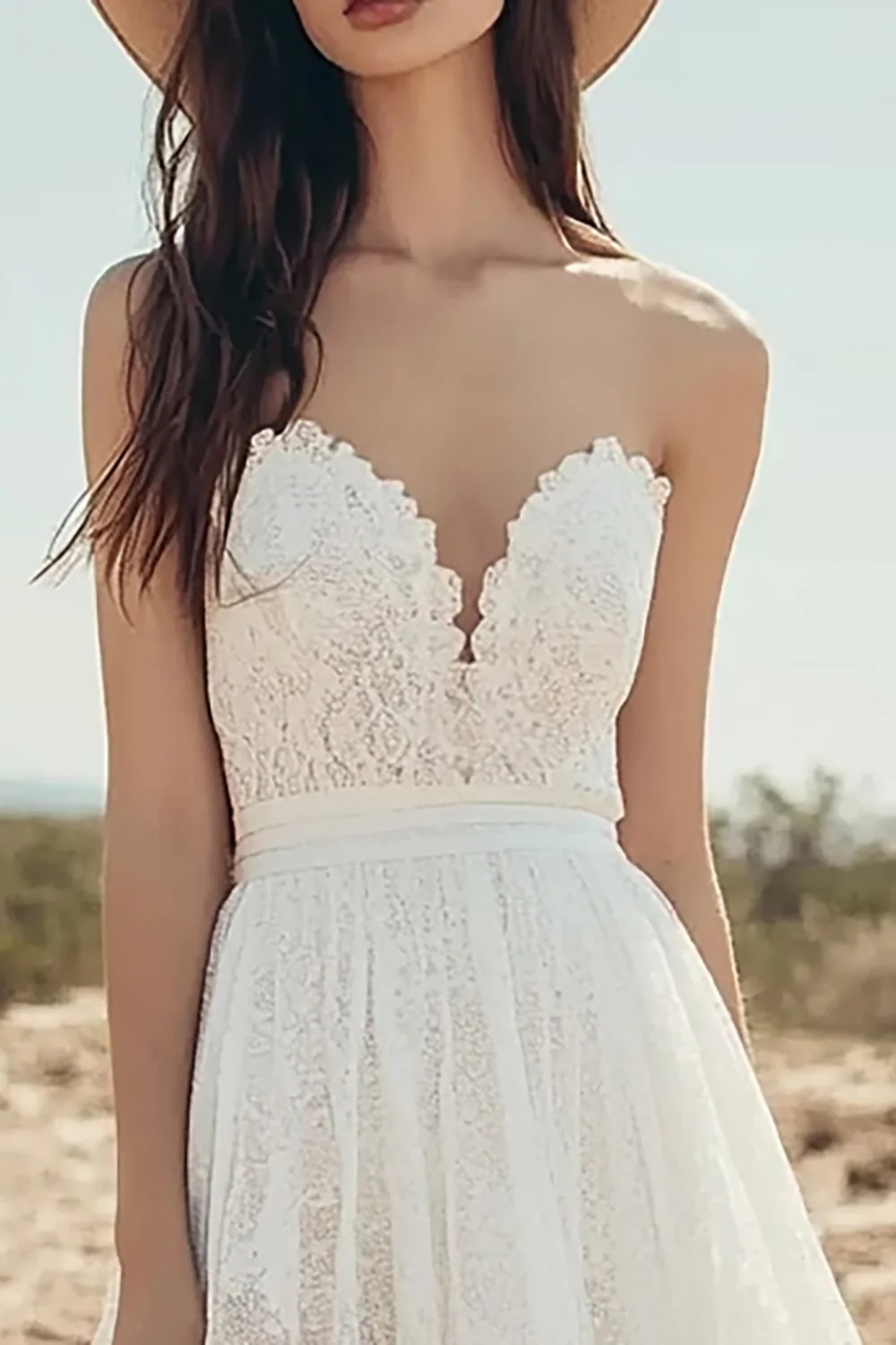 Ivory Lace Sweetheart A Line Maxi Boho Western Wedding Dress - JUORTHO