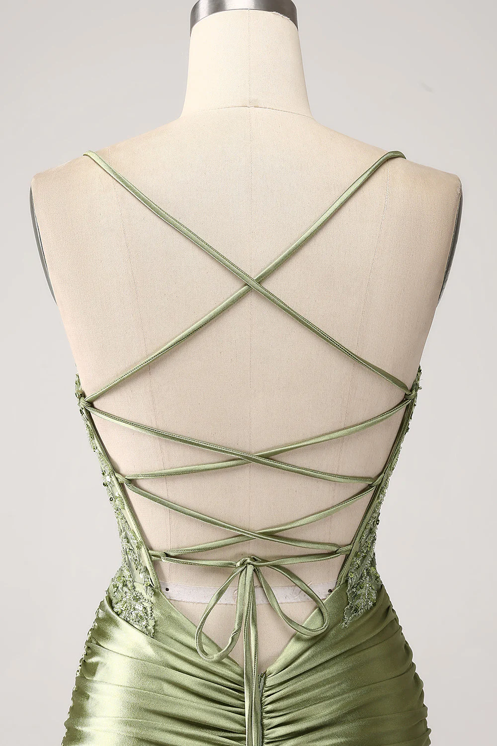 Mermaid Sage Spaghetti Straps Lace-up Back Prom Dress With Slit - JUORTHO