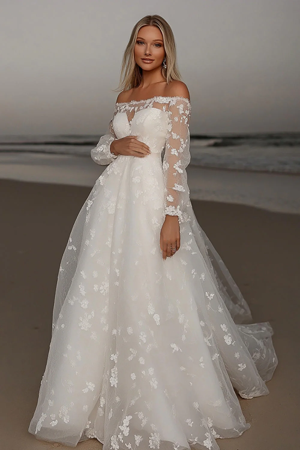 Elegant Ivory Lace A Line Off the Shoulder Wedding Dress with Long Sleeves - JUORTHO