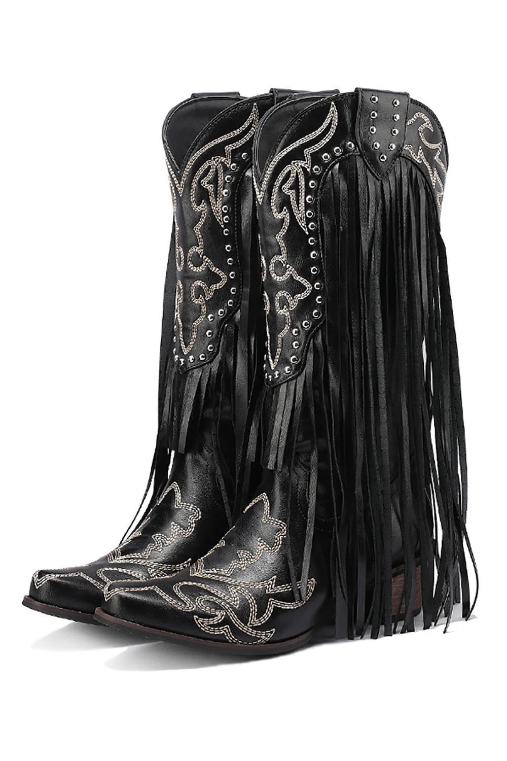 Women's Black Embroidery Tassel Leather Boots - JUORTHO